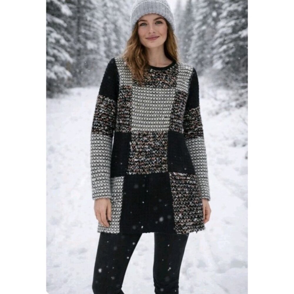 Kamana Womens Chunky Patchwork Fuzzy Long Pullover Tunic Sweater Size Large